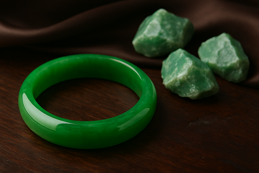 A luminous imperial green Burmese jadeite bangle displayed on a dark wood surface with a brown satin cloth, accompanied by three rough jadeite stones in the background, highlighting the luxury and rarity of Burmese jade.