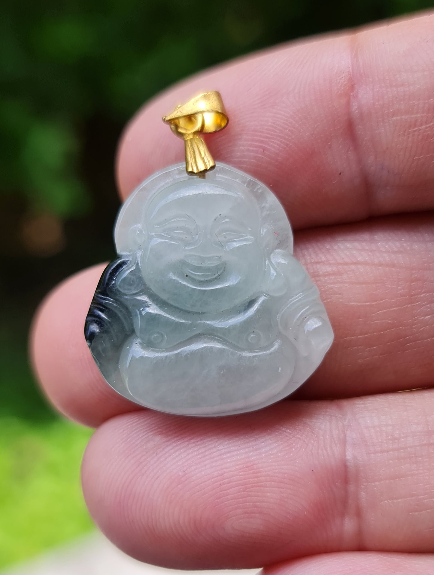 Natural Grade A Burmese Jadeite Jade Pendant – Icy Milky White & Black – Hand-Carved Happy Buddha Motif – JHB004