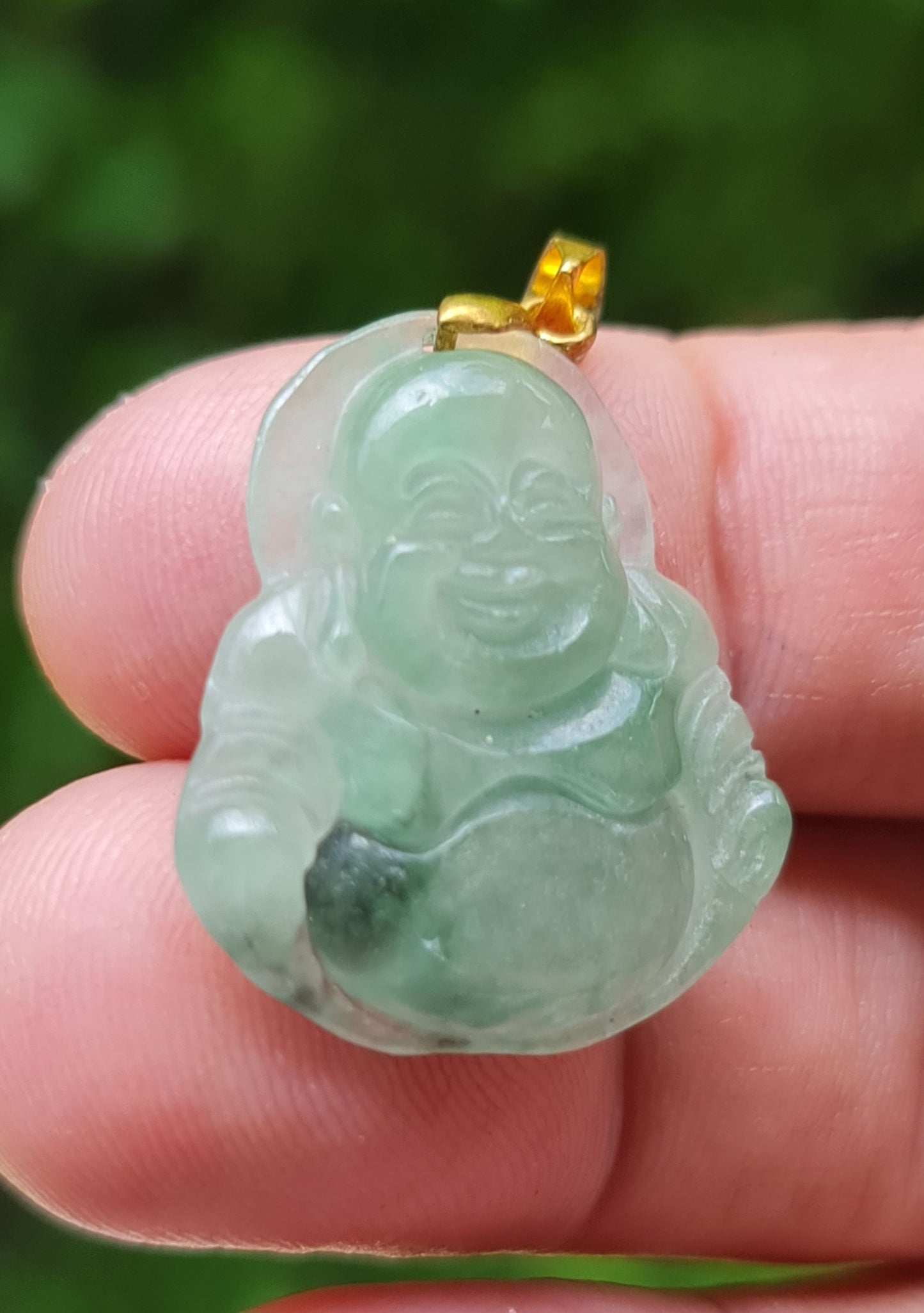 Natural Grade A Burmese Jadeite Jade Pendant – Icy Imperial Green – Hand-Carved Happy Buddha Motif – JHB007