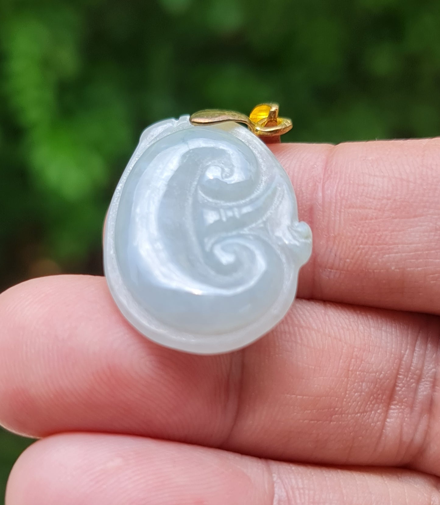 Natural Grade ABurmese Jadeite Jade Pendant – Vintage Icy Light Bluish Milky White – Hand-Carved Ruyi Swirl Motif – JOP004