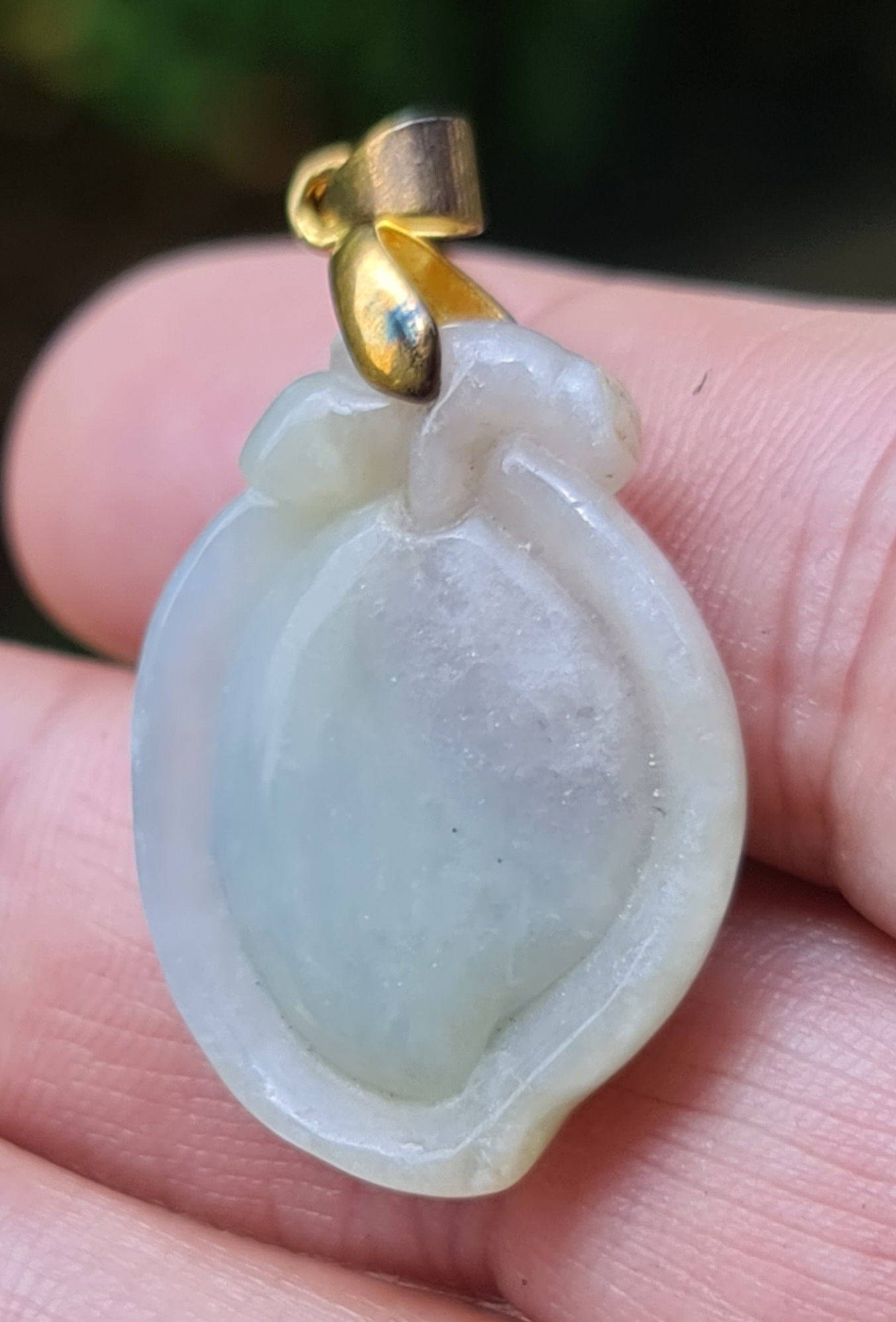 Natural Grade A Burmese Jadeite Jade Pendant – Icy Bluish, Milky White & Moss Green – Hand-Carved Peach Motif – JOP007