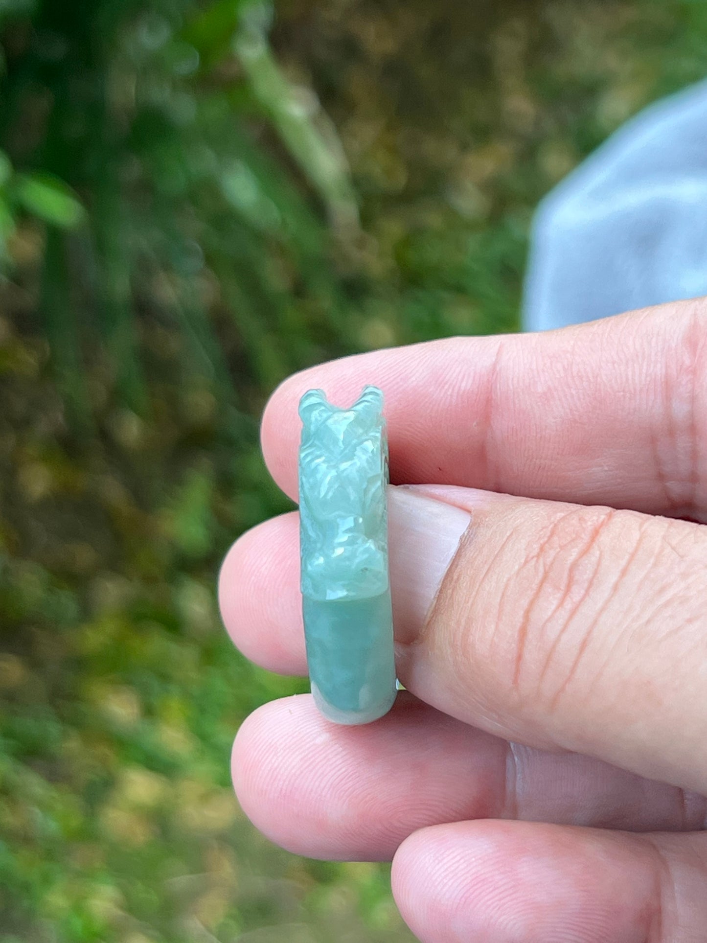 Natural Grade A Burmese Jadeite Jade Ring Size US 9.25 Icy Green Semi Translucent Hand Carved Dragon Motif Elegant Smooth Band JDR010