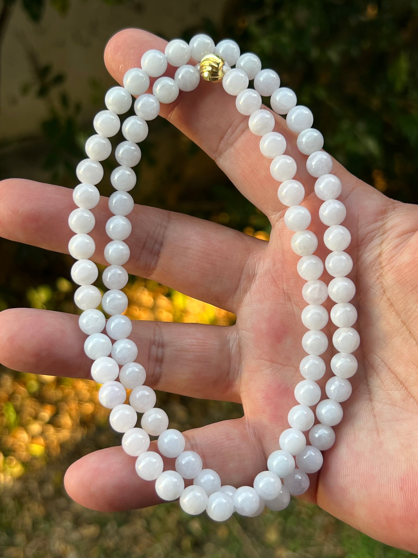 Natural Certified Grade A Burmese Jadeite Jade Beaded Necklace – Icy Milky White & Light Lavender Hues – 7.2mm Beads – JN090
