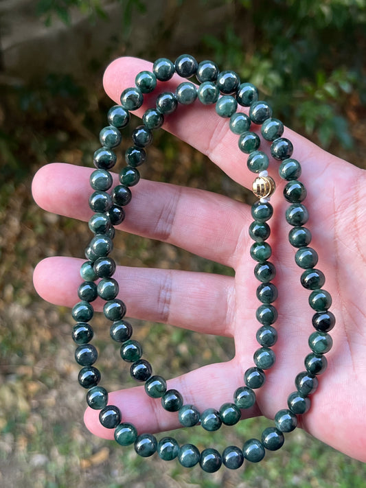 Natural Certified Grade A Burmese Jadeite Jade Beaded Necklace – Icy Deep Forest & Apple Green – 7.6mm Beads – JN096