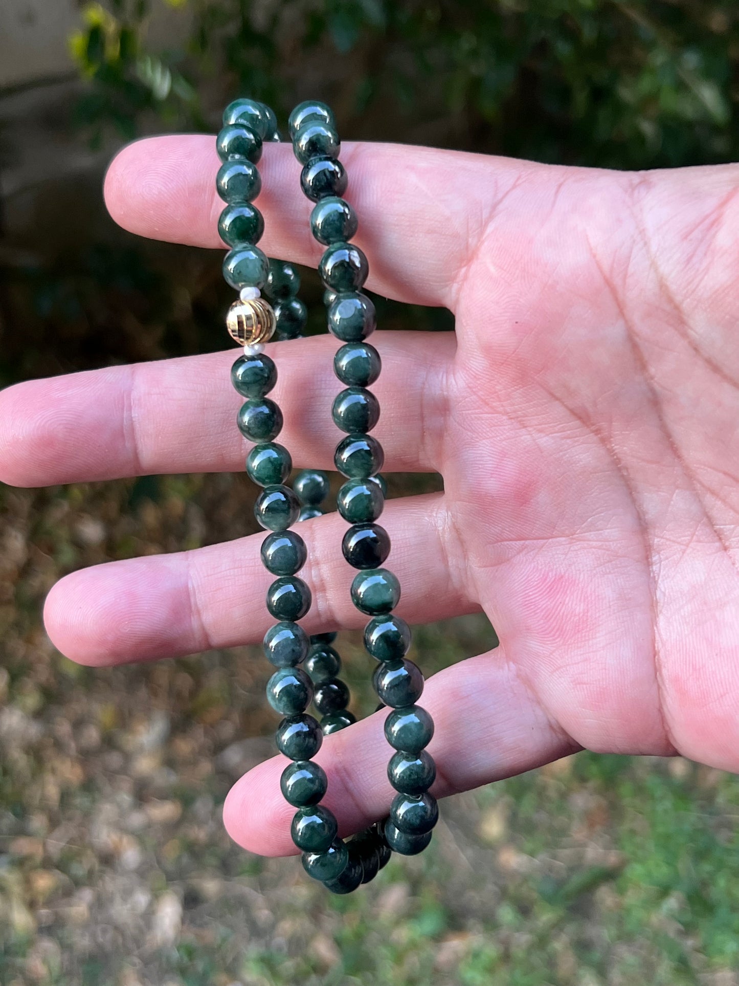 Natural Certified Grade A Burmese Jadeite Jade Beaded Necklace – Icy Deep Forest & Apple Green – 7.6mm Beads – JN096