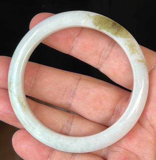 Natural Grade A Burmese Jadeite Jade Bangle – Icy Milky White with Forest Green Hues – 58.4mm – JB508