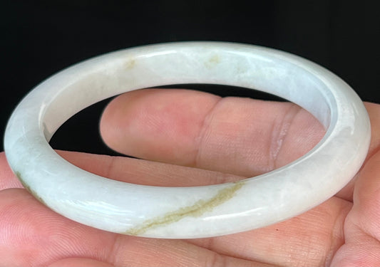 Natural Burmese Jadeite Jade Bangle – Icy Milky White with Forest Green Hues – 58.4mm – JB508
