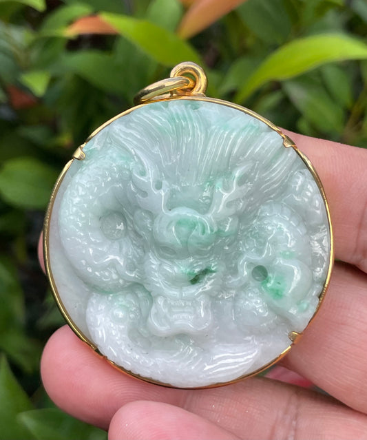 Natural Grade A Certified Burmese Jadeite Jade Pendant – Icy Imperial Green & White – Hand-Carved Dragon Motif – 24K Vermeil Gold Setting – JP033