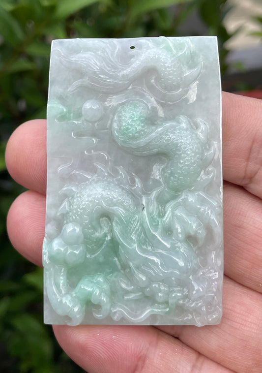 Natural Grade A Certified Burmese Jadeite Jade Pendant – Icy White & Imperial Green – Hand-Carved Dragon Motif – JP059