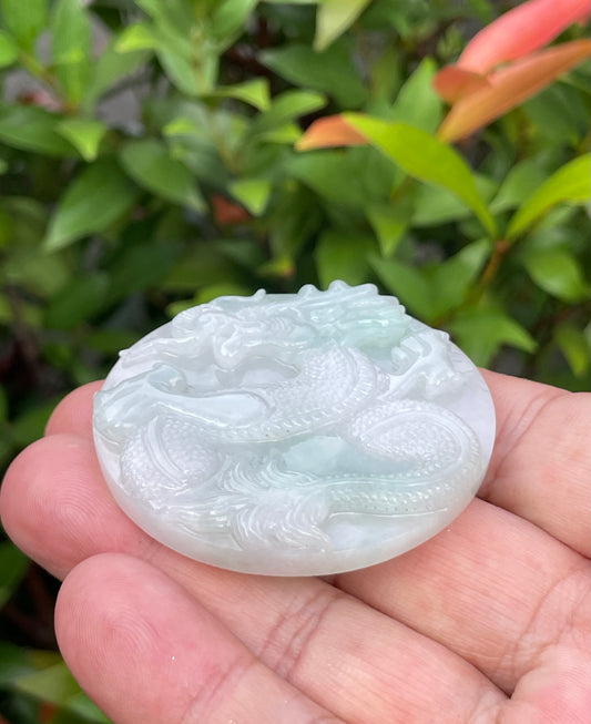 Natural Certified Burmese Jadeite Jade Pendant – Imperial Green & Bluish Milky White – Hand-Carved Dragon Motif – JP054