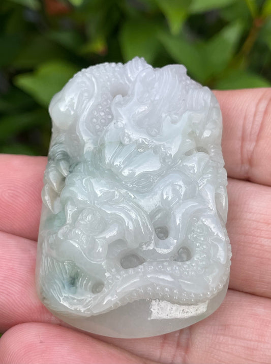 Natural Certified Burmese Jadeite Jade Pendant – Icy Imperial Green & Milky White – Hand-Carved Dragon Motif – JP056
