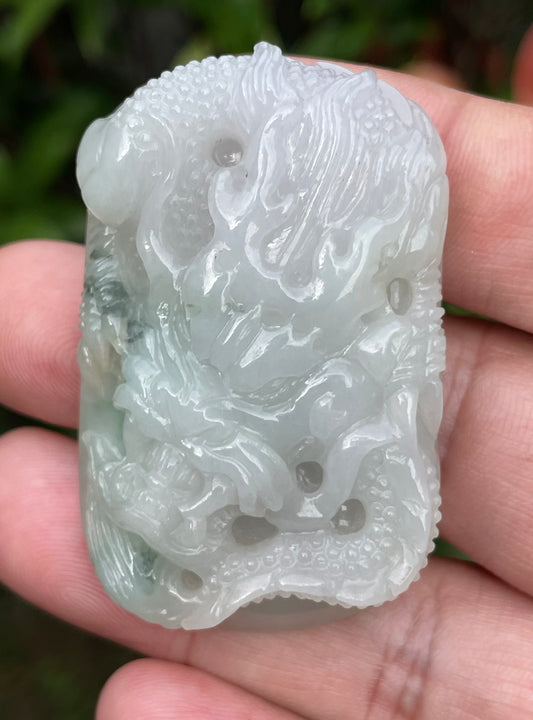 Natural Grade A Certified Burmese Jadeite Jade Pendant – Icy Imperial Green & Milky White – Hand-Carved Dragon Motif – JP056