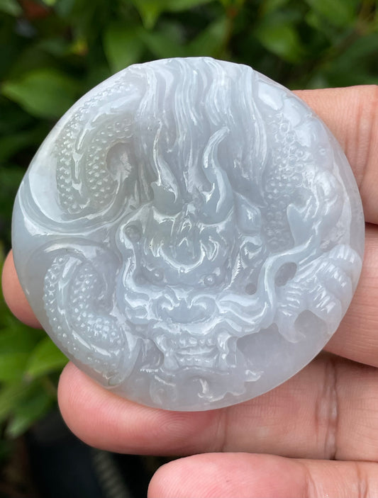 Natural Grade A Certified Burmese Jadeite Jade Pendant – Icy Lavender, Moss Green & Milky White – Hand-Carved Dragon Motif – JP051