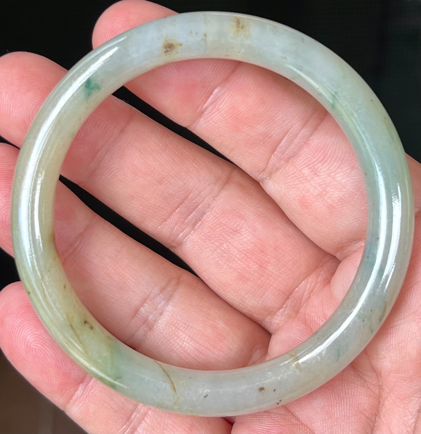 Natural Burmese Jadeite Jade Bangle – Icy Light Apple Green with Honey and Imperial Green Hues – 58.6mm – JB515