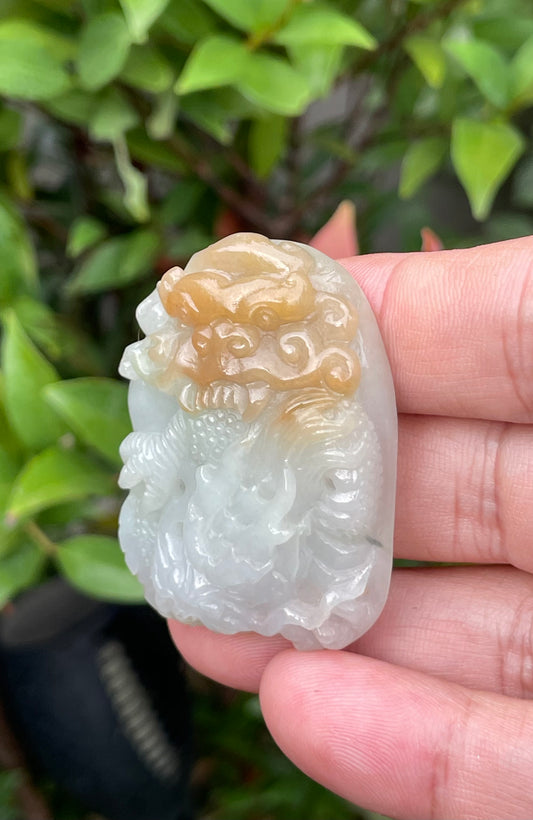 Natural Grade A Certified Burmese Jadeite Jade Pendant – Icy Honey, Milky White & Imperial Green – Hand-Carved Dragon Motif – JP064