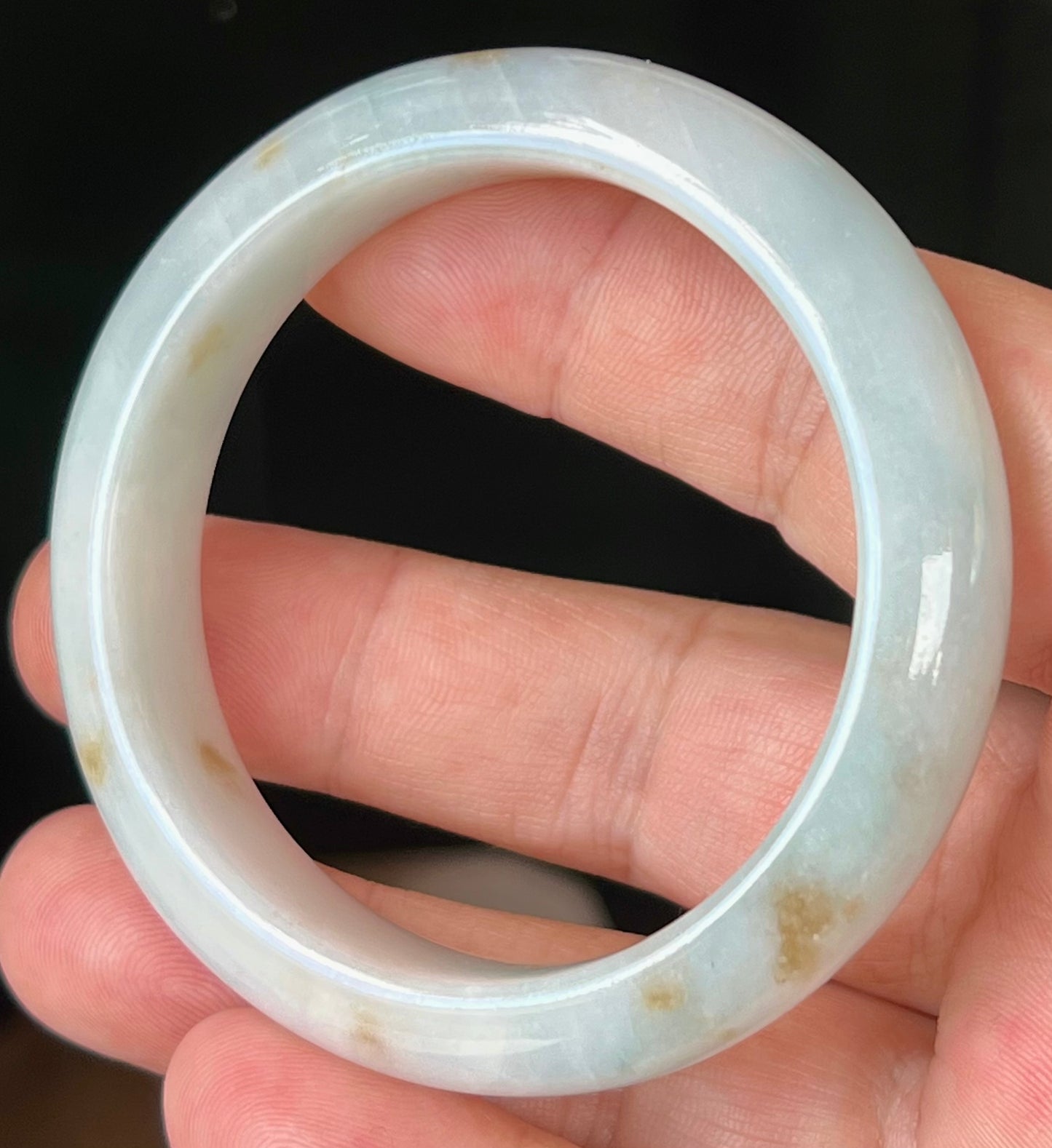 Natural Burmese Jadeite Jade Bangle – Icy Bluish Milky White with Honey Brown Hues – 53mm – JB519