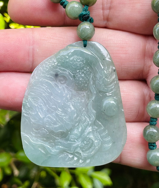 Natural Certified Burmese Jadeite Jade Pendant – Icy Apple Green & Milky White Hues – Hand-Carved Dragon Motif – Beaded Necklace Included – JP028