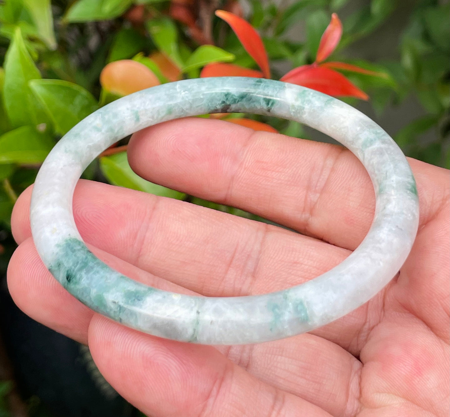 Natural Grade A Burmese Jadeite Jade Bangle – Icy Imperial Green & Milky White – Princess Cut – 59.5mm – JB948
