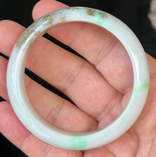 Natural Grade A Certified Burmese Jadeite Jade Bangle – Icy Milky White with Imperial and Moss Green – 56.7mm – JB527