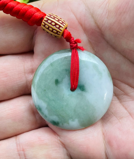 Natural Burmese Jadeite Jade Pendant – Green & White – Round Disc Pi Xiu Style – Necklace Included – JP061