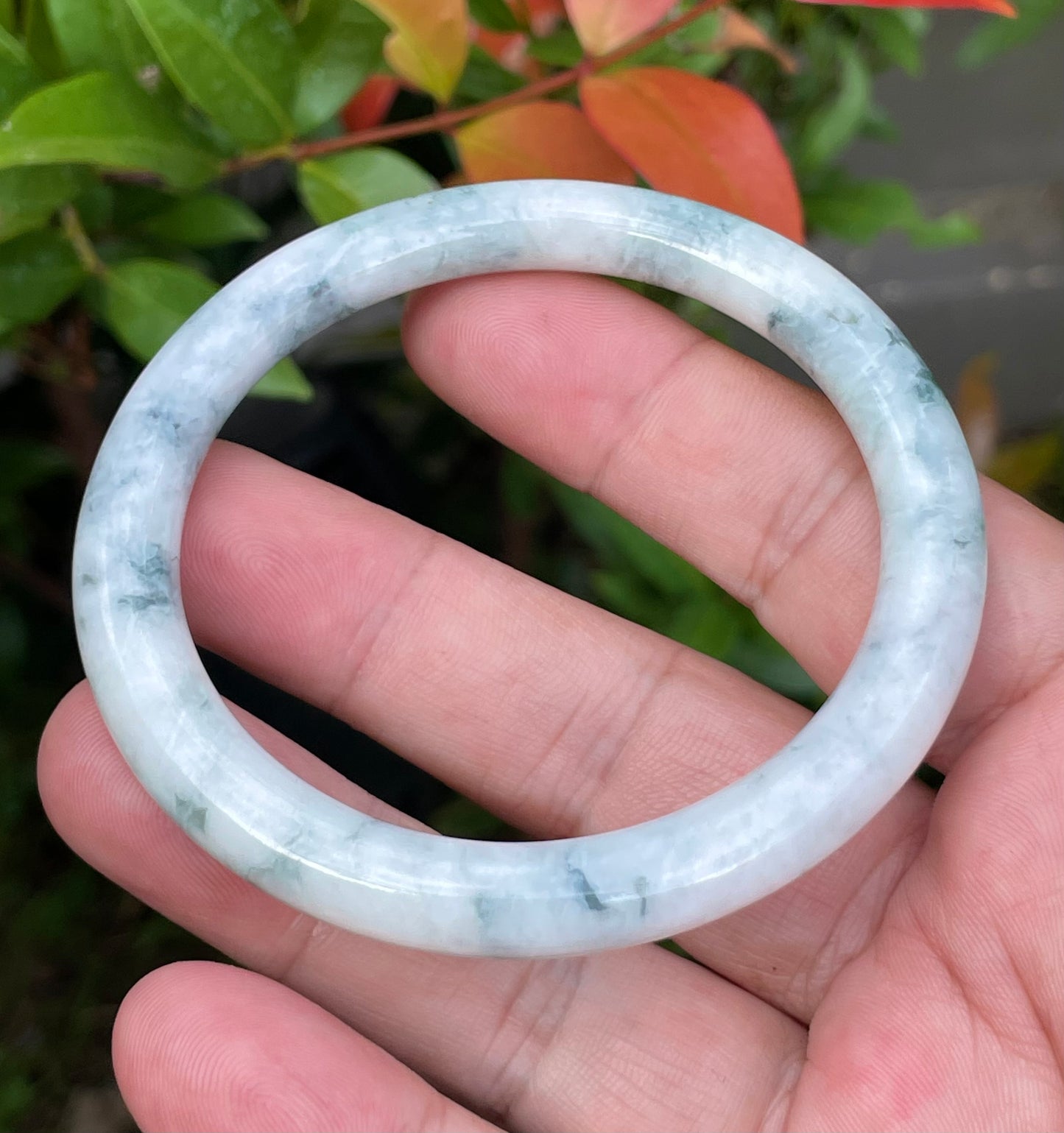 Natural Burmese Jadeite Jade Bangle – Icy Milky White with Imperial Green & Bluish Hues – Princess Cut – 58.7mm – JB957