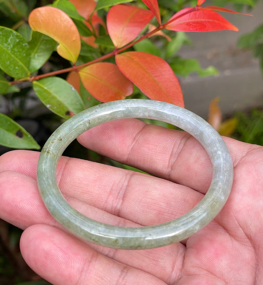 Natural Burmese Jadeite Jade Bangle – Icy Milky White & Greenish Milky White – Princess Cut – 53.1mm – JB754