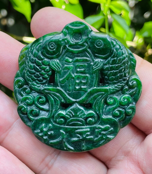 Natural Certified Rare Burmese Jadeite Jade Pendant – Deep Imperial Green – Hand-Carved Twin Fish Motif – JP065