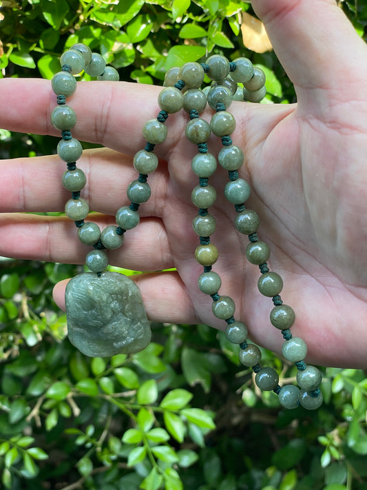 Natural Certified Burmese Jadeite Jade Pendant – Green – Hand-Carved Dragon Motif – Beaded Necklace Included – JP066