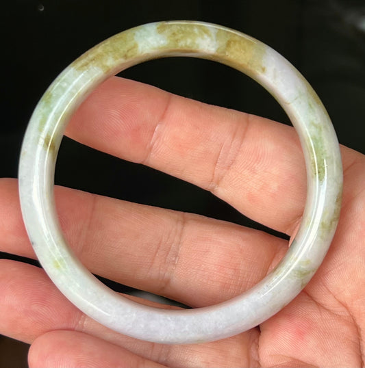 Natural Grade A Certified Burmese Jadeite Jade Bangle – Icy Milky White with Moss Green and Light Brown Hues – 58.4mm – JB535
