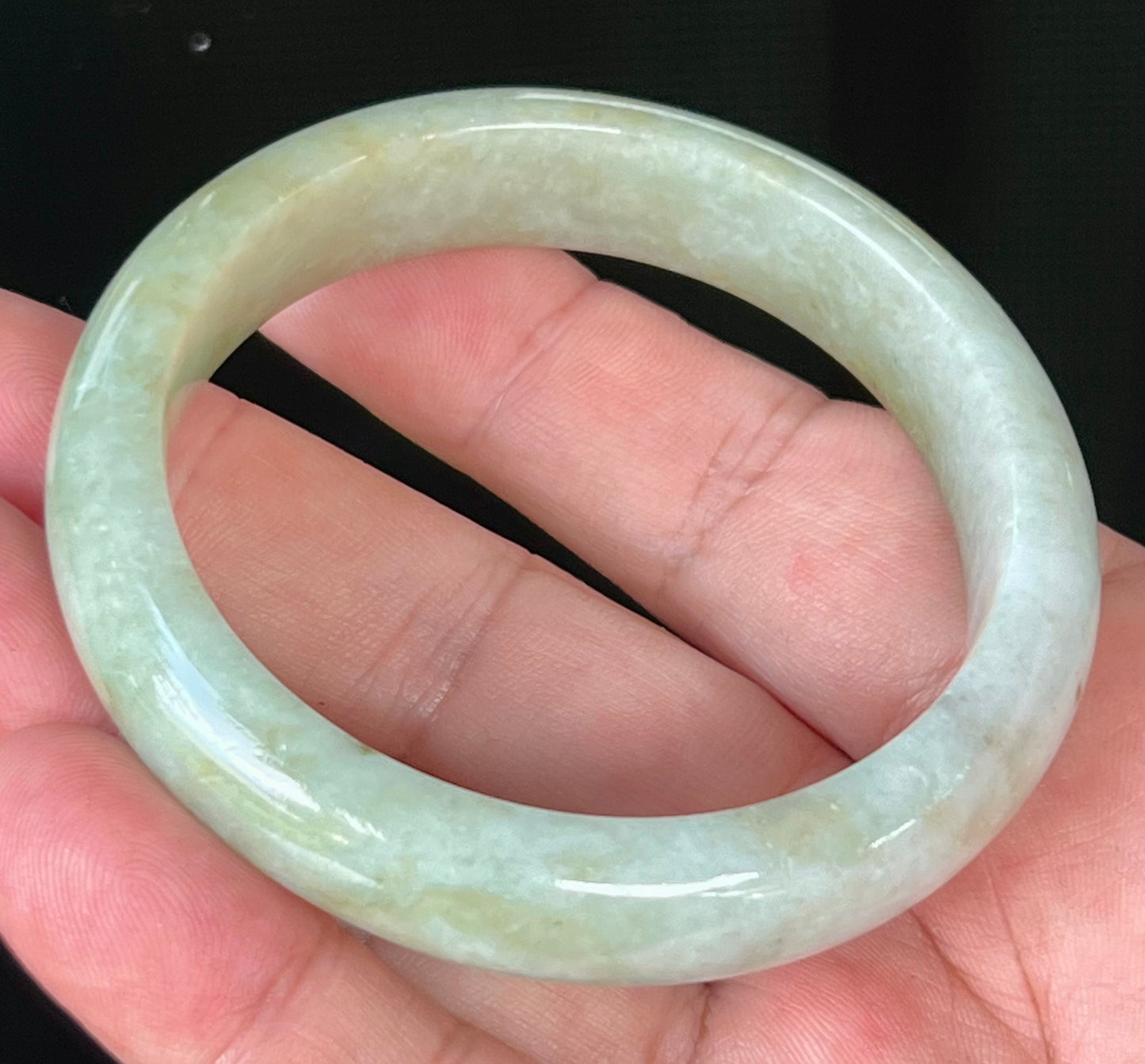 Natural Grade A Burmese Jadeite Jade Bangle – Icy Greyish Milky White and Apple Green with Honey Hues – 56.7mm – JB538