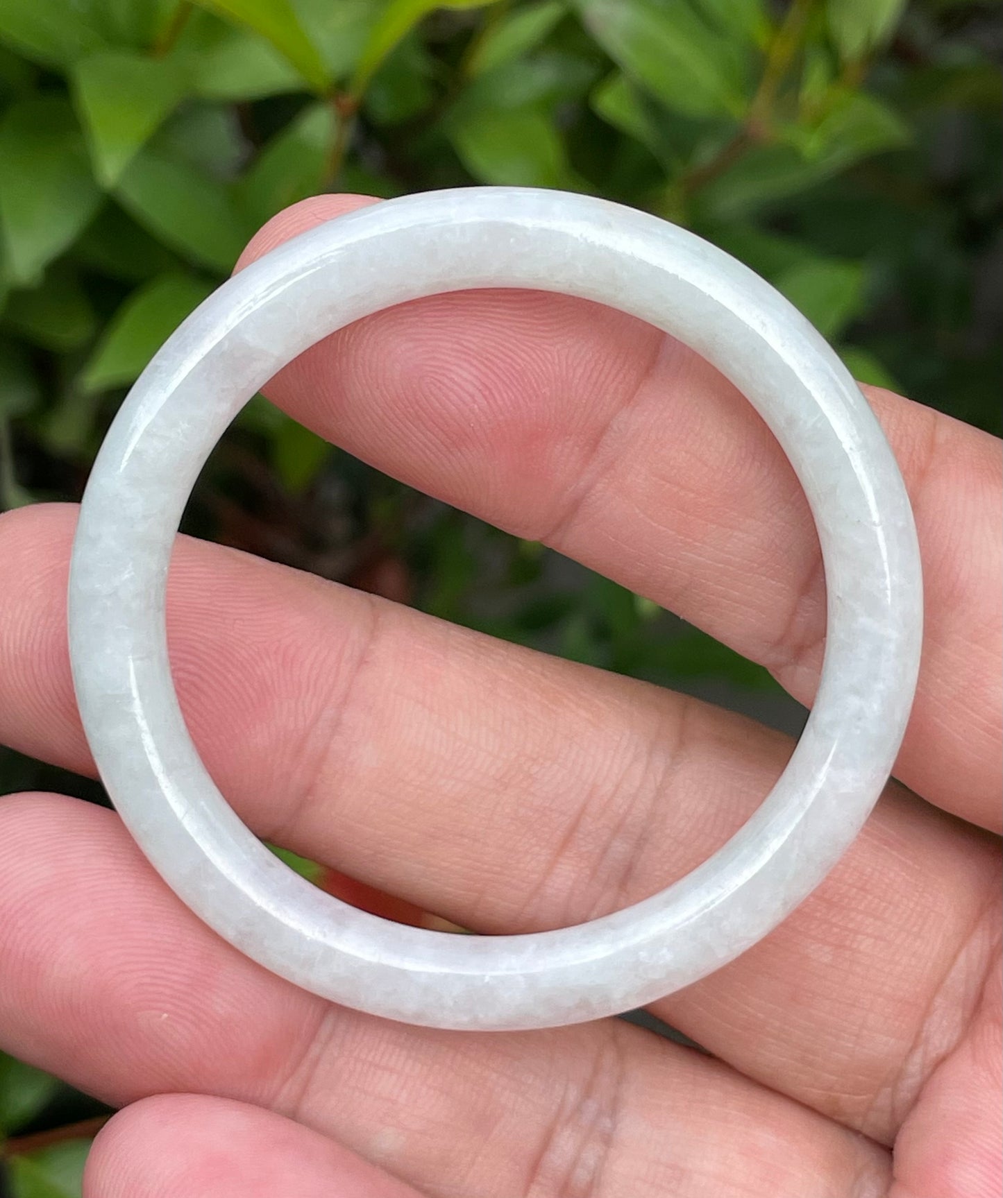 Natural Burmese Jadeite Jade Bangle – Icy Milky White with Apple Green Hues – Princess Cut – 43mm – JB891