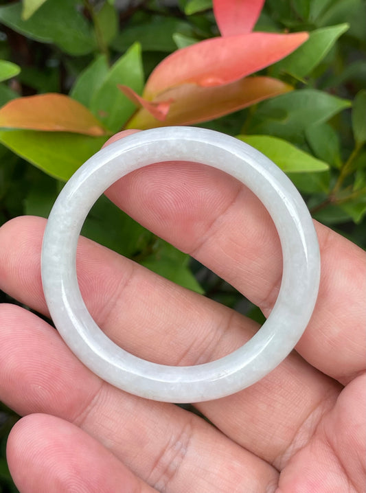 Natural Burmese Jadeite Jade Bangle – Icy Milky White with Apple Green Hues – Princess Cut – 40mm – JB882