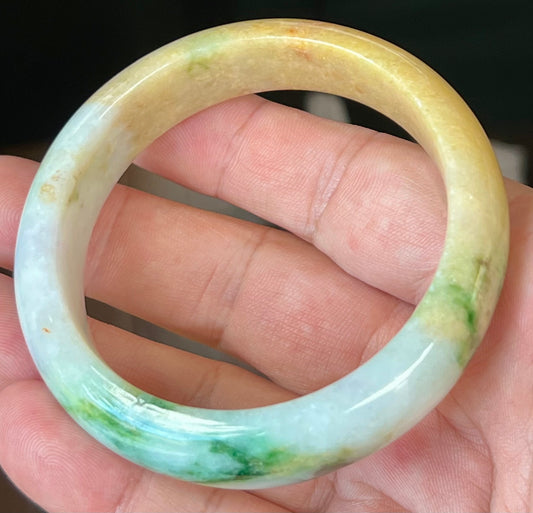 Natural Certified Burmese Jadeite Jade Bangle – Icy Milky White with Imperial Green and Honey Yellow Hues – 58mm – JB545