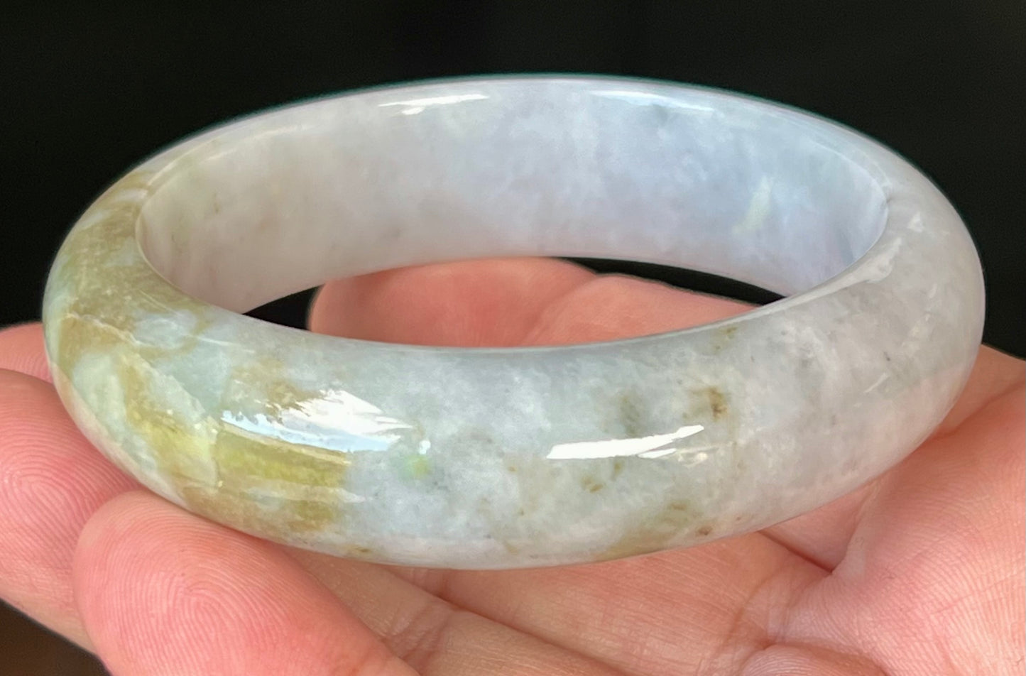 Natural Burmese Jadeite Jade Bangle – Icy Greyish Milky White with Moss Green and Honey Hues – 59mm – JB546