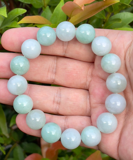 Natural Burmese Jadeite Jade Beaded Bracelet – Icy Apple Green – 13.4mm – JBB175