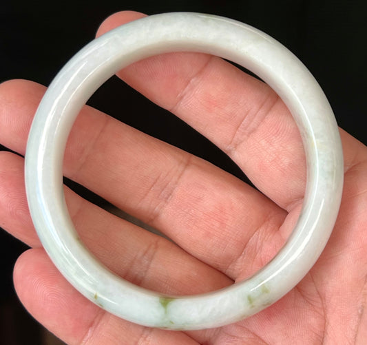 Natural Burmese Jadeite Jade Bangle – Icy Milky White with Moss and Apple Green Hues – 58.5mm – JB552