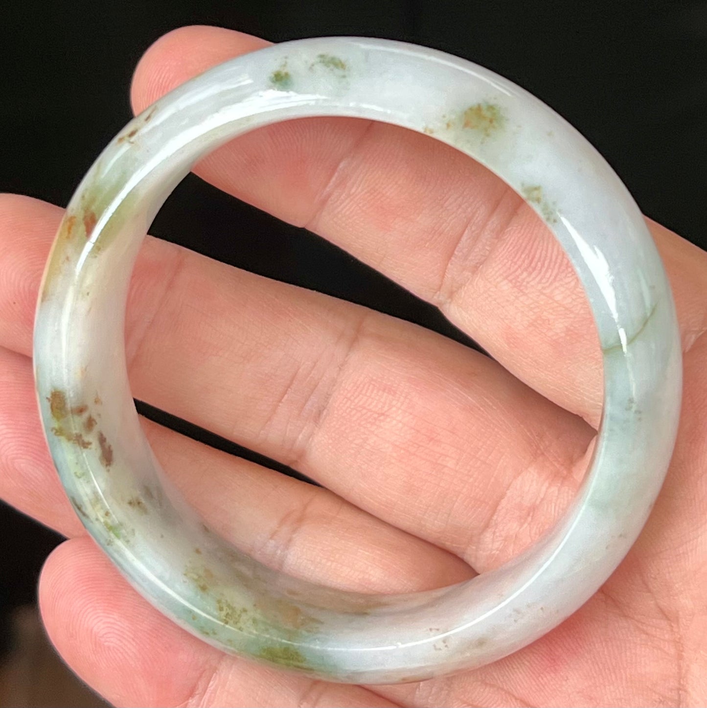 Natural Burmese Jadeite Jade Bangle – Icy Apple Green & Moss Green with Milky White and Red Hues – 57mm – JB556