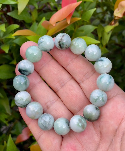 Natural Burmese Jadeite Jade Beaded Bracelet – Multicolor Icy Bluish, Apple Green & Milky White – 14mm – JBO066