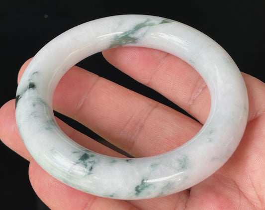 Natural Certified Burmese Jadeite Jade Bangle – Icy Milky White with Imperial Green – Princess Cut – 52.6mm – JB878
