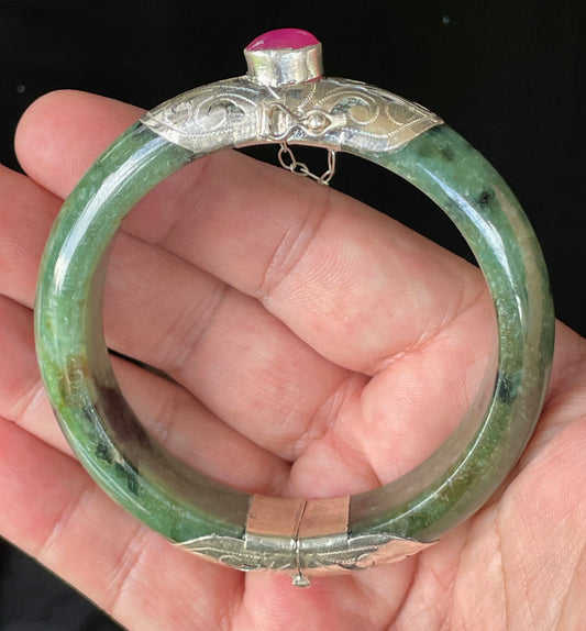Natural Certified Burmese Jadeite Jade Bangle – Icy Forest Green – Adjustable Silver Clasp with Burmese Ruby – 58.8mm – JB870