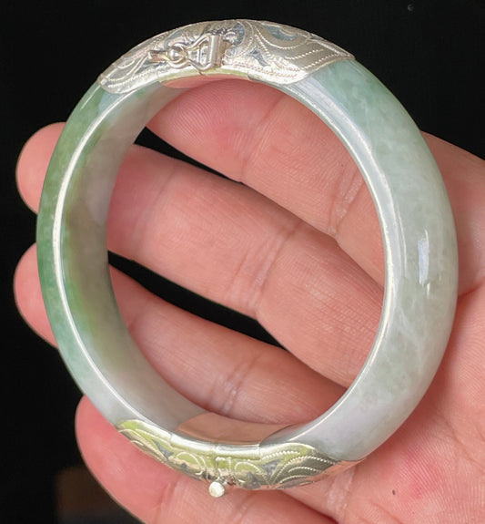 Natural Certified Burmese Jadeite Jade Bangle – Icy Apple & Blue – Adjustable Silver Clasp – 57.6mm – JB937
