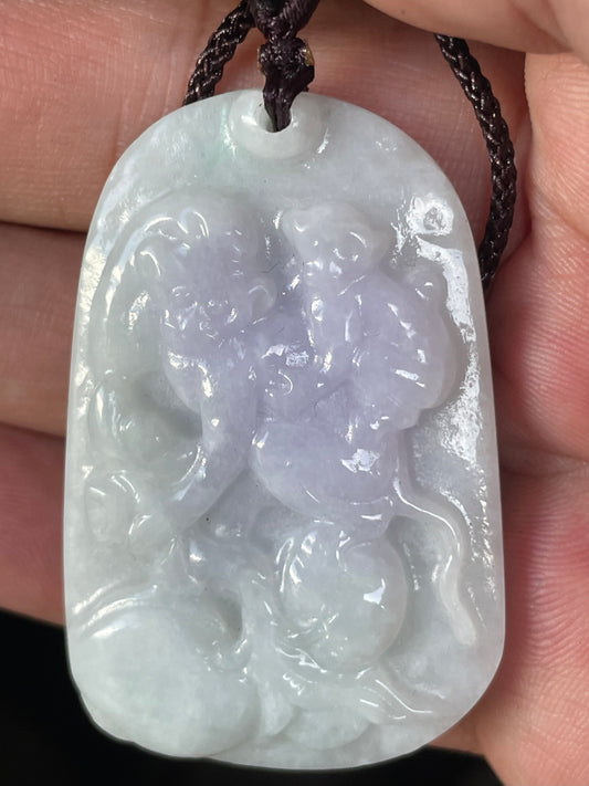Natural Grade A Burmese Jadeite Jade Pendant – Icy Milky White & Lavender – Hand-Carved Two Monkeys Motif – Adjustable Necklace Included – JP021