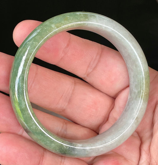 Natural Certified Burmese Jadeite Jade Bangle – Icy Apple & Jadeite Green with Greyish Milky White & Black Hues – 54.8mm – JB050