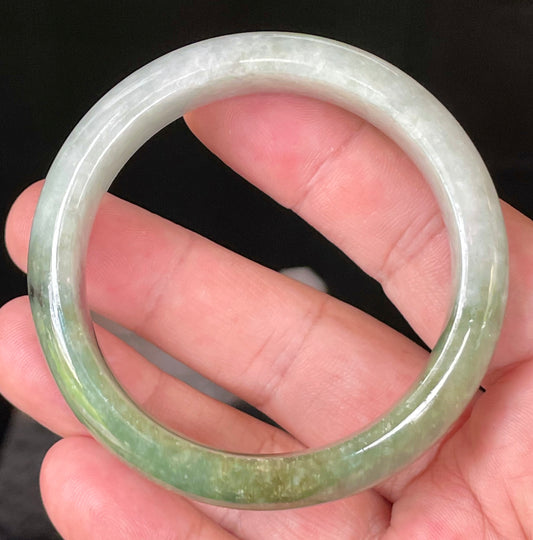 Natural Grade A Certified Burmese Jadeite Jade Bangle – Icy Apple & Jadeite Green with Greyish Milky White & Black Hues – 54.8mm – JB050