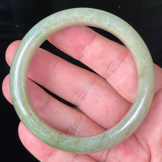 Natural Grade A Certified Burmese Jadeite Jade Bangle – Icy Apple Green with White & Honey Hues – 58.5mm – JB212