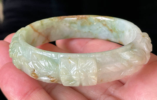 Natural Certified Burmese Jadeite Jade Bangle – Icy Apple Green with Milky White & Honey Orange Veins – Hand-Carved Floral Motif – 57mm – JB210