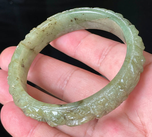 Natural Grade A Certified Burmese Jadeite Jade Bangle – Icy Apple Green – Hand-Carved Floral Motif – 58.3mm – JB211
