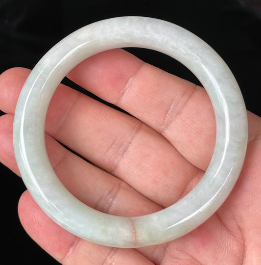 Natural Grade A Burmese Jadeite Jade Bangle – Icy Milky White & Apple Green with Orange Line – Princess Cut – 55.8mm – JB157