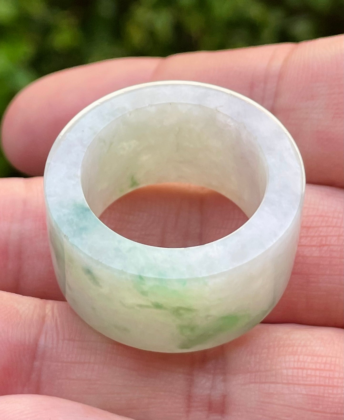 Natural Burmese Jadeite Jade Ring – Icy Green & Milky White – Wide Tube Thumb/Band Style – Rounded & Polished – JRN023