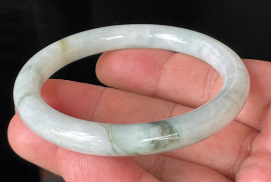 Natural Burmese Jadeite Jade Bangle – Icy Milky White & Apple Green with Honey Hues – Princess Cut – 56.9mm – JB159